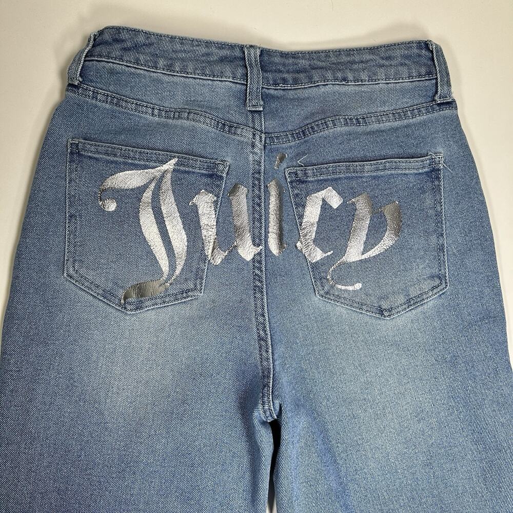 Juicy Couture Lunita Jeans Womens 26x29 High Rise Flare Y2K Silver Logo Raw Hem